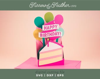 3DケーキスライスバースデーポップアップカードSVG：DIYペーパーカットファイル（デジタルダウンロード）