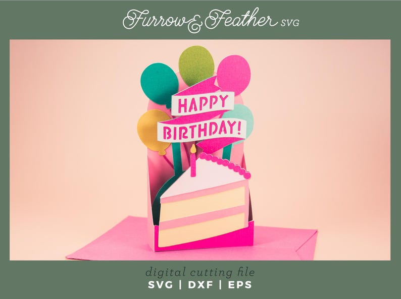May include: A pink and white layered cake with a single candle on top, surrounded by colourful balloons and a banner that reads "HAPPY BIRTHDAY!"