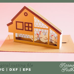 Spring Chicken Coop Pop Up Box Card Template | 3D Papercut SVG Card Cut File | Cricut Silhouette DIY