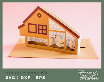May include: A brown papercraft chicken coop with a pop-up design. The coop has a brown roof and windows, and a white wire mesh interior. There are four white chickens inside the coop, each with a red comb.