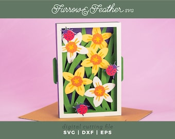 Daffodils and Ladybugs 3D Card SVG: Papercut Flower Birthday (Digital Download)