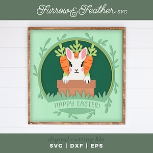 Shadowbox Lapin de Pâques dans un pot de carottes | Pâques Shadowbox 3D SVG | Papier découpé en couches | Fichiers créatifs en papier pour Cricut