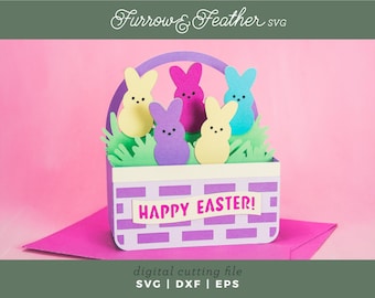 Cartão de Cesta de Páscoa com Peeps | Cartão de Páscoa 3D SVG | Arquivo de Corte de Cartão SVG de Papel 3D | Cricut Silhouette DIY