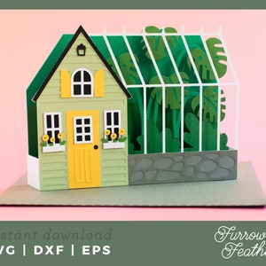 Cottage Greenhouse Pop Up Box Card Template | 3D Papercut SVG Card Cut File | Cricut Silhouette DIY