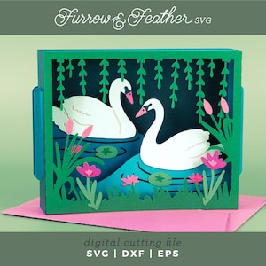 Elegant Pond Swans Card | Wedding Card SVG | 3D Papercut SVG Card Cut File | Cricut Silhouette DIY
