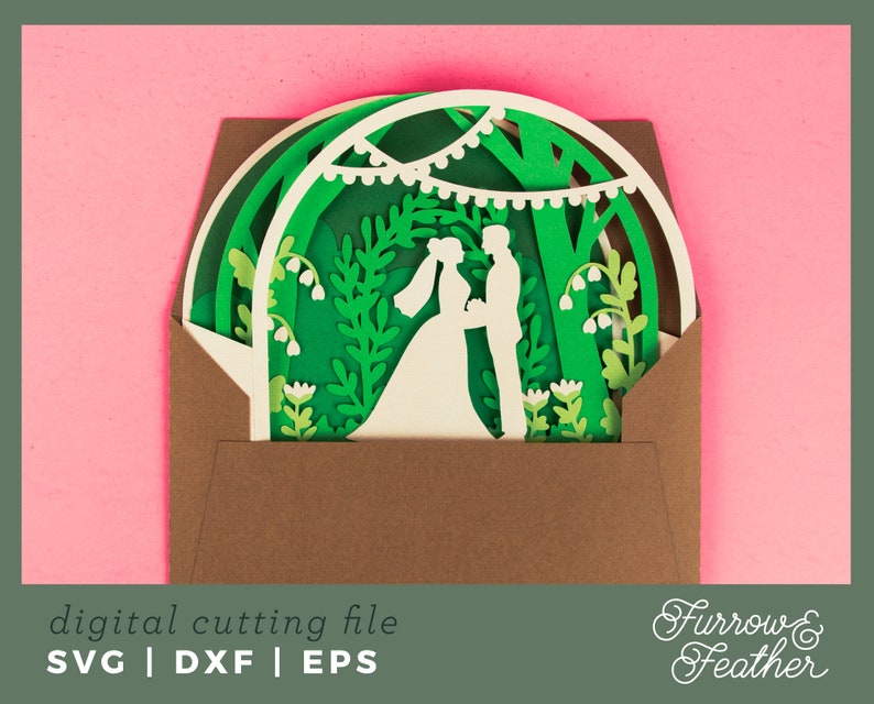 May include: A digital cutting file for a wedding invitation featuring a couple standing under a leafy archway with string lights. The design is in a brown envelope with the text "Furrow & Feather" in white cursive.