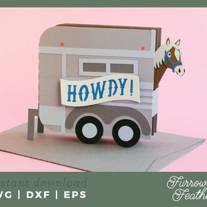 de Carte de boîte pop-up pour remorque pour chevaux | 3D Papercut SVG carte coupe fichier | Cricut Silhouette DIY