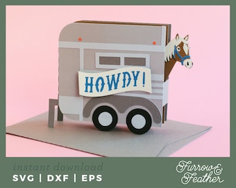 Horse Trailer Pop Up Card Template: 3D Papercut SVG (Digital Download)