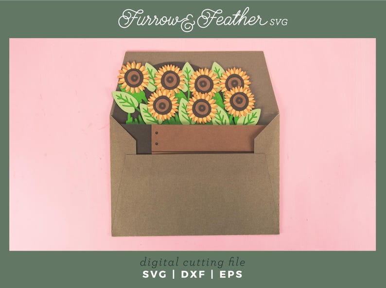 May include: A papercraft design of sunflowers in a brown envelope. The sunflowers have yellow petals and brown centres, with green leaves. The envelope is brown, set against a pink background. Text at the top reads "Furrow & Feather SVG".