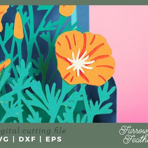 May include: A digital cutting file featuring a close-up of a paper flower with orange petals and a white center. The flower is surrounded by green leaves and a blue background. The text "digital cutting file SVG | DXF | EPS" is at the bottom of the image. The text "Furrow & Feather" is at the bottom right of the image.