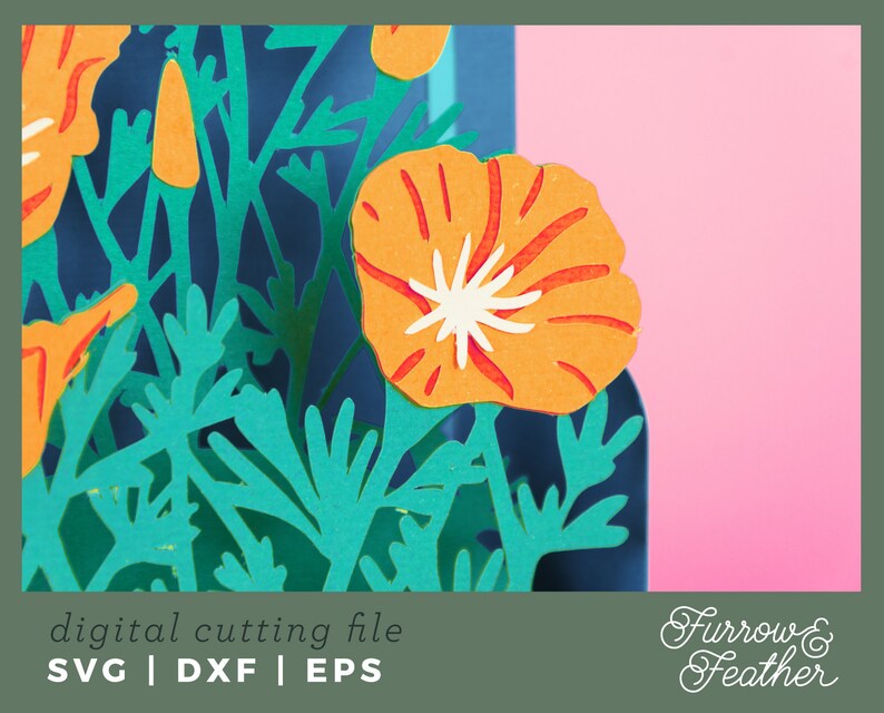 May include: A digital cutting file featuring a close-up of a paper flower with orange petals and a white center. The flower is surrounded by green leaves and a blue background. The text "digital cutting file SVG | DXF | EPS" is at the bottom of the image. The text "Furrow & Feather" is at the bottom right of the image.