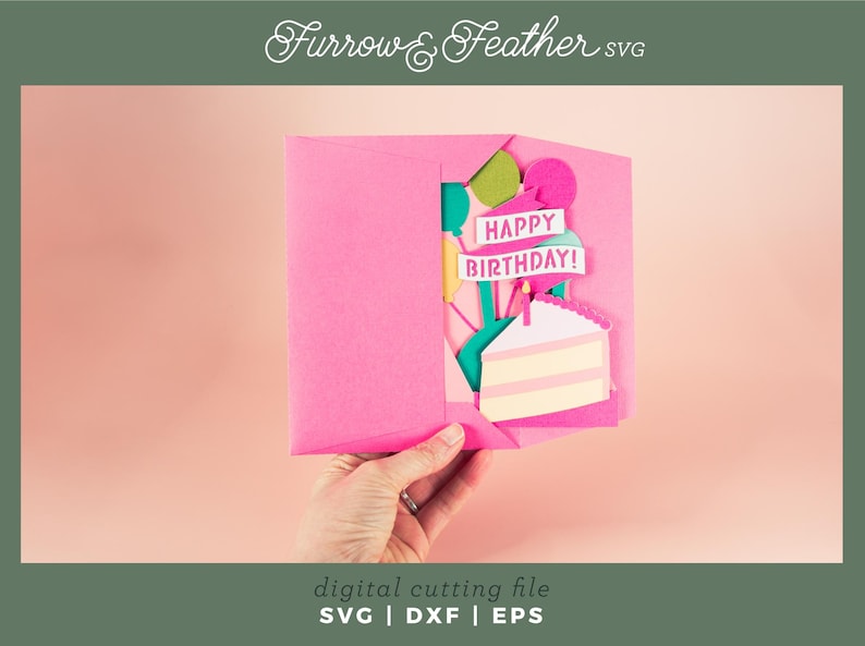 May include: A pink card with a pop-up design featuring a cake, balloons, and a banner that reads "Happy Birthday!"