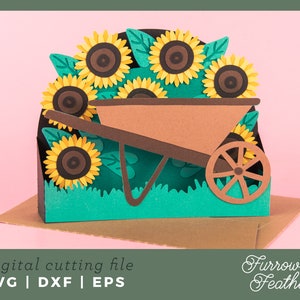 Summer Wheelbarrow with Sunflowers | Pop Up Card SVG | 3D Papercut SVG Card Cut File | Cricut Silhouette DIY