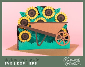 Autumn Wheelbarrow with Sunflowers | Pop Up Card SVG | 3D Papercut SVG Card Cut File | Cricut Silhouette DIY