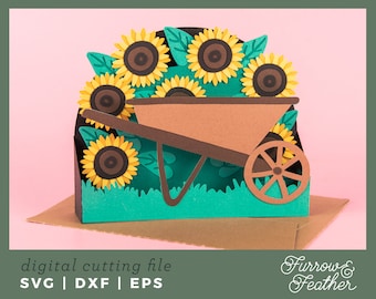 Carrinho de mão de verão com girassóis | Cartão pop-up SVG | Arquivo de corte de cartão SVG com recorte de papel 3D | Cricut Silhouette DIY