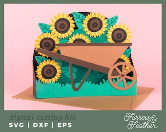 Autumn Wheelbarrow with Sunflowers | Pop Up Card SVG | 3D Papercut SVG Card Cut File | Cricut Silhouette DIY