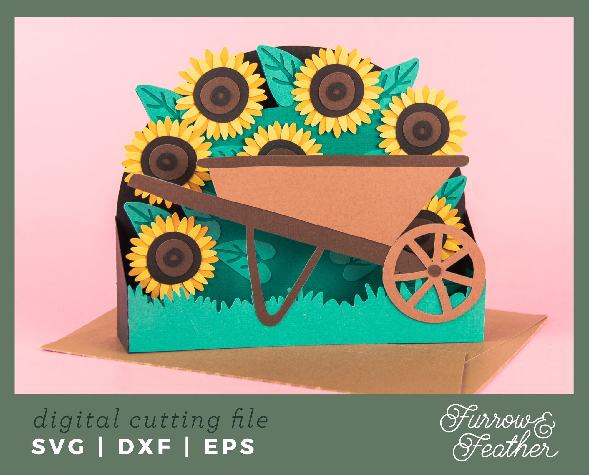 Summer Wheelbarrow with Sunflowers | Pop Up Card SVG | 3D Papercut SVG Card Cut File | Cricut Silhouette DIY