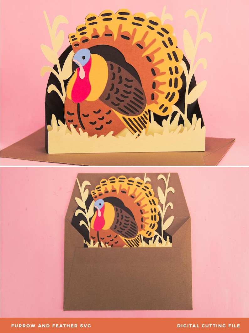 May include: A colorful paper turkey design with a fanned tail, set against a pink background. The turkey is in a grassy setting, with the text "FURROW AND FEATHER SVG" and "DIGITAL CUTTING FILE" at the bottom. The turkey is also shown inside a brown envelope.