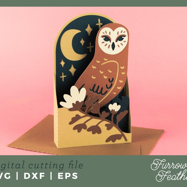 Witchy Owl with Moon Card | Pop Up Card SVG | 3D Papercut SVG Card Cut File | Cricut Silhouette DIY