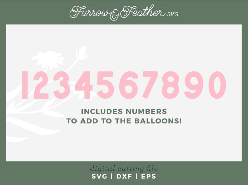 May include: A digital cutting file design featuring the numbers 1 through 9 and 0 in a pink color. The text "INCLUDES NUMBERS TO ADD TO THE BALLOONS!" is below the numbers. The design is on a white background with a floral design in the upper left corner. The text "Furrow & Feather SVG" is in the upper right corner.