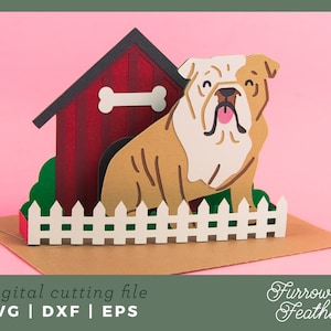 Hundehaus Englische Bulldogge Box Card Template | 3D Papierschnitt SVG Karte Schnitt Datei | Cricut Silhouette DIY