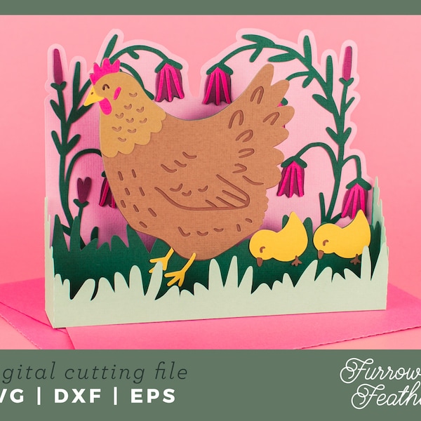 Chicken Mama Hen & Chicks | Pop Up Card SVG | 3D Papercut SVG Card Cut File | Cricut Silhouette DIY