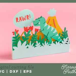 Dinosaur Pop Up Birthday Card Template | 3D Papercut SVG Card Cut File | Cricut Silhouette DIY