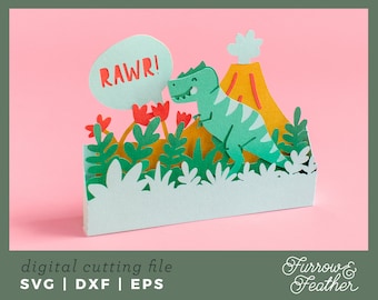 Dinosaur Pop Up Birthday Card Template | 3D Papercut SVG Card Cut File | Cricut Silhouette DIY