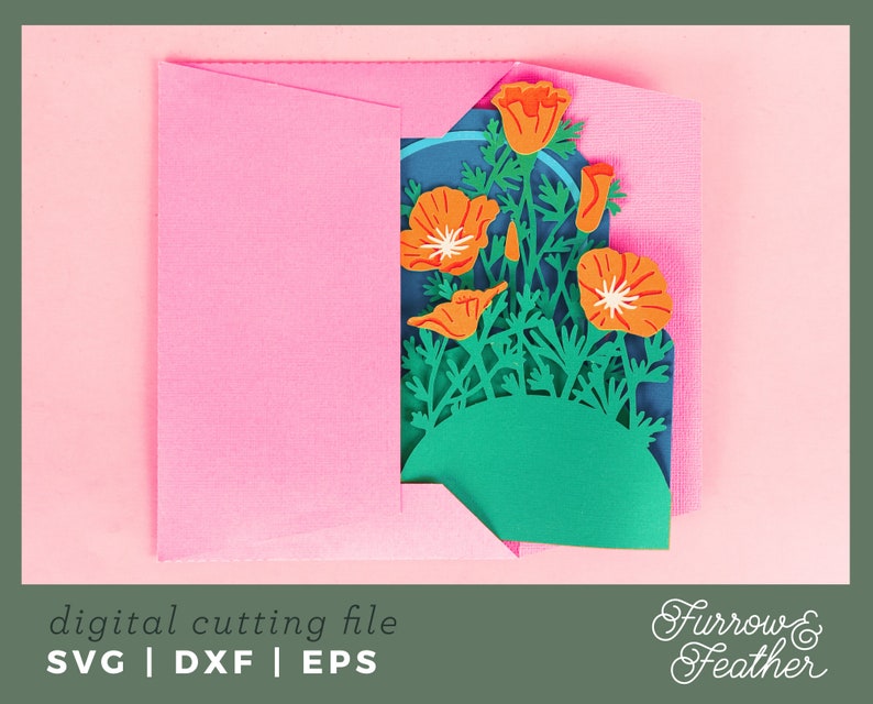 May include: A pink envelope with a cut-out design of orange poppy flowers and green leaves. The design is layered and appears to be three-dimensional. The text "Furrow & Feather" is visible in the bottom right corner.
