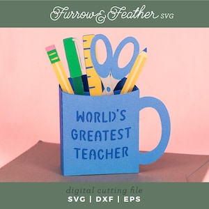 Tarjeta de taza "El mejor maestro del mundo" / Regalo para maestros, agradecimiento a los maestros SVG / Tarjeta desplegable 3D SVG / Archivo de corte Cricut Silhouette DIY