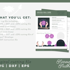 May include: A digital cutting file for a crystal ball card. The file includes SVG, DXF, and EPS formats. The card features a crystal ball with the text "You wish my magic" and hands holding the ball. The instructions include identifying the pieces and assembly instructions.