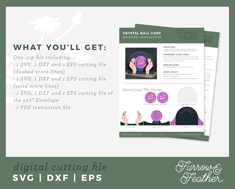 May include: A digital cutting file for a crystal ball card. The file includes SVG, DXF, and EPS formats. The card features a crystal ball with the text "You wish my magic" and hands holding the ball. The instructions include identifying the pieces and assembly instructions.