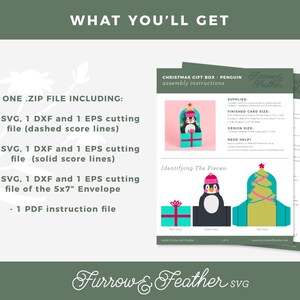 May include: A digital download for a Christmas gift box with a penguin design. The download includes SVG, DXF, and EPS cutting files for dashed and solid score lines, as well as a PDF instruction file.