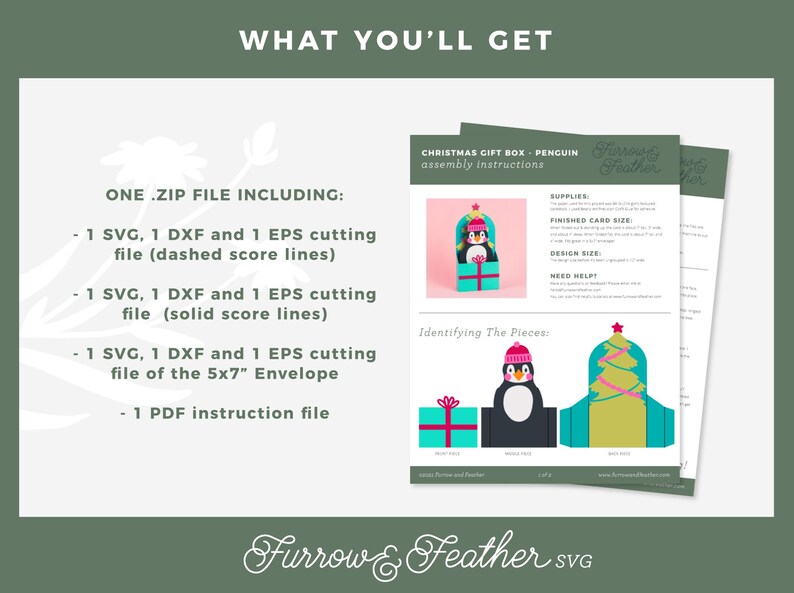 May include: A digital download for a Christmas gift box with a penguin design. The download includes SVG, DXF, and EPS cutting files for dashed and solid score lines, as well as a PDF instruction file.