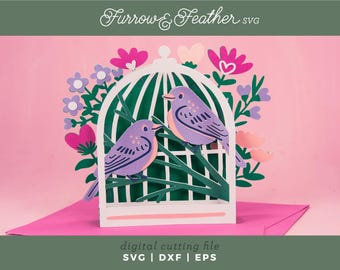 Two Birds Wedding Card SVG: 3D Papercut Wildflower Design (Digital Download)