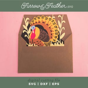 May include: A brown paper envelope with a colorful turkey design. The turkey has a red wattle, blue head, and yellow and orange feathers. The text "Furrow & Feather SVG" is at the top. The bottom text reads "digital cutting file SVG | DXF | EPS".