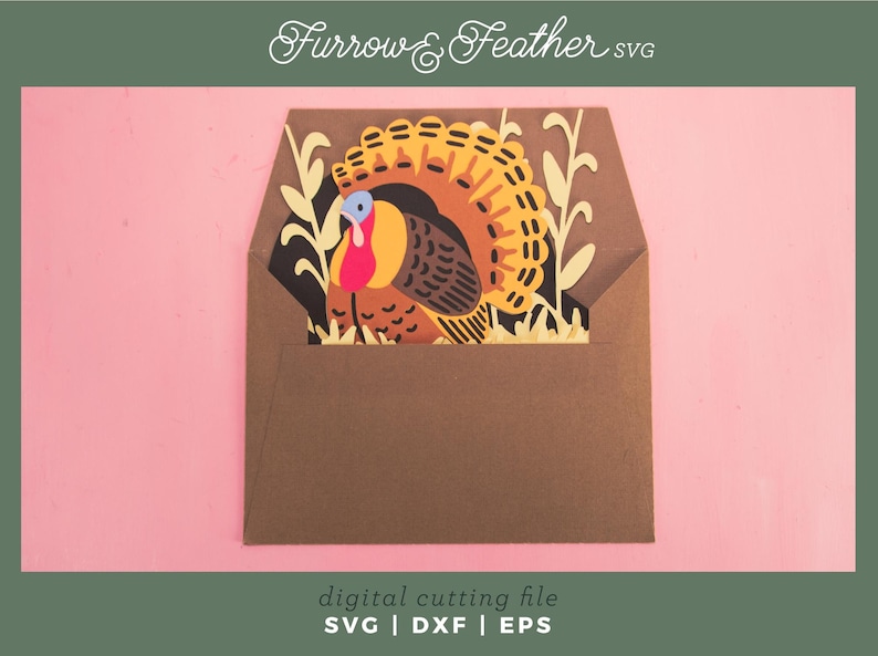 May include: A brown paper envelope with a colorful turkey design. The turkey has a red wattle, blue head, and yellow and orange feathers. The text "Furrow & Feather SVG" is at the top. The bottom text reads "digital cutting file SVG | DXF | EPS".