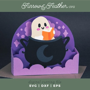 May include: A Halloween-themed papercraft featuring a cartoon ghost reading a book while sitting in a black cauldron. The cauldron has a crescent moon design. The background is purple with star and cloud shapes. Text at the top reads "Furrow & Feather SVG".