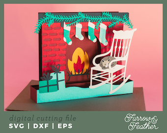 Christmas Cat Fireplace Box Card Template | 3D Papercut SVG Card Cut File | Cricut Silhouette DIY