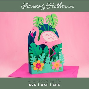Tropical Flamingo Card | Birthday Card SVG | 3D Papercut SVG Card Cut File | Cricut Silhouette DIY