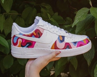 custome colorful Air force 1 for her, Handmade wave pattern Sneaker for him, painted white shoes for sister present for friends