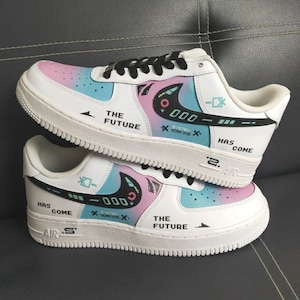 Custome Future Air Force 1 for him, Handmade robot Sneaker for her, Painted Blue & Purple Shoes for men, Hardwear sneaker