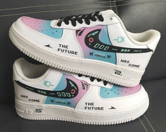 Custome Future Air Force 1 para él, zapatilla robot hecha a mano para ella, zapatos pintados de azul y morado para hombre, zapatilla Hardwear