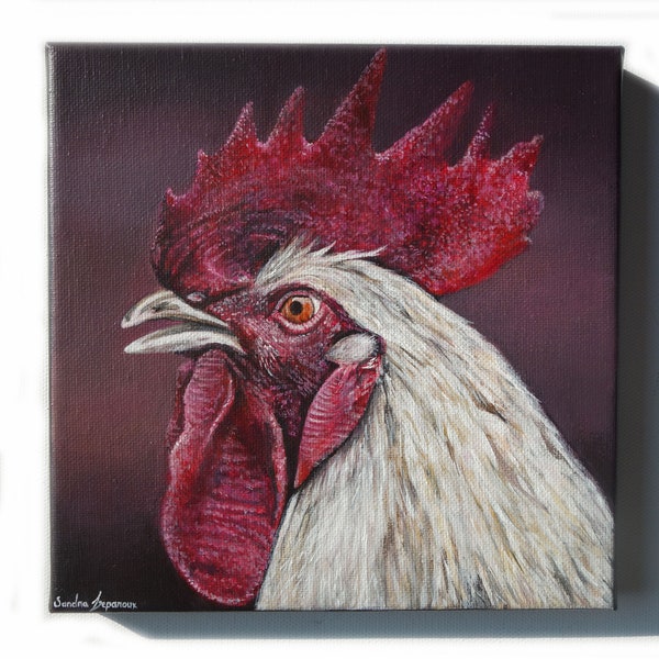 Tête de coq sur toile tableau animal portrait animalier basse cour poule