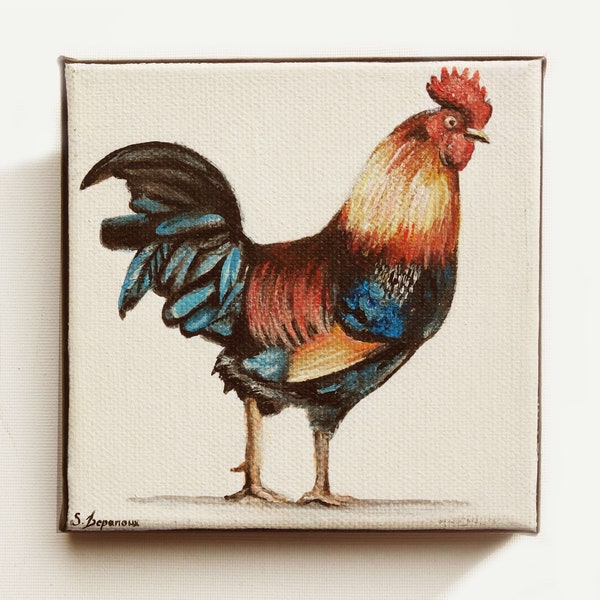 coq multicolore tableau peint à la main basse cour poule  animaux portraits animaliers peinture