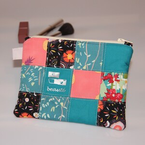 Kosmetiktasche im Patchwork Stil, Schminktäschchen in rosa mit türkis