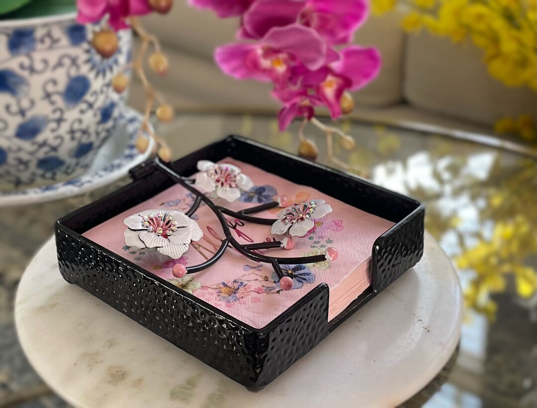 Chez Juju Gold Orchid Napkin Holder - Elegant Metal Dispenser With Crystal Design For Tabletop