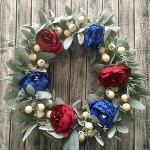 Summer Wreath, Patriotic Wreath, Fourth of July Wreath, Red, White, and Blue Wreath, Peony and Lamb’s Ear Wreath