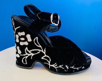 VINTAGE 1940s Black Velvet Sandals with Glitter Wedge Heels