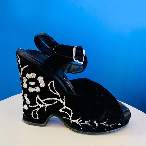 VINTAGE 1940s Black Velvet Sandals with Glitter Wedge Heels